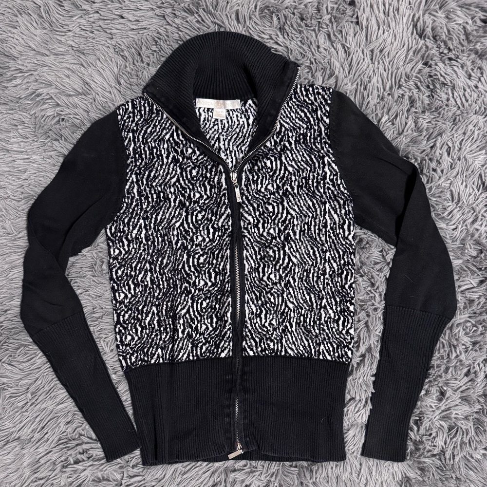 Boston Proper Zebra Texture High Neckline Full Zip Sweater Size XS